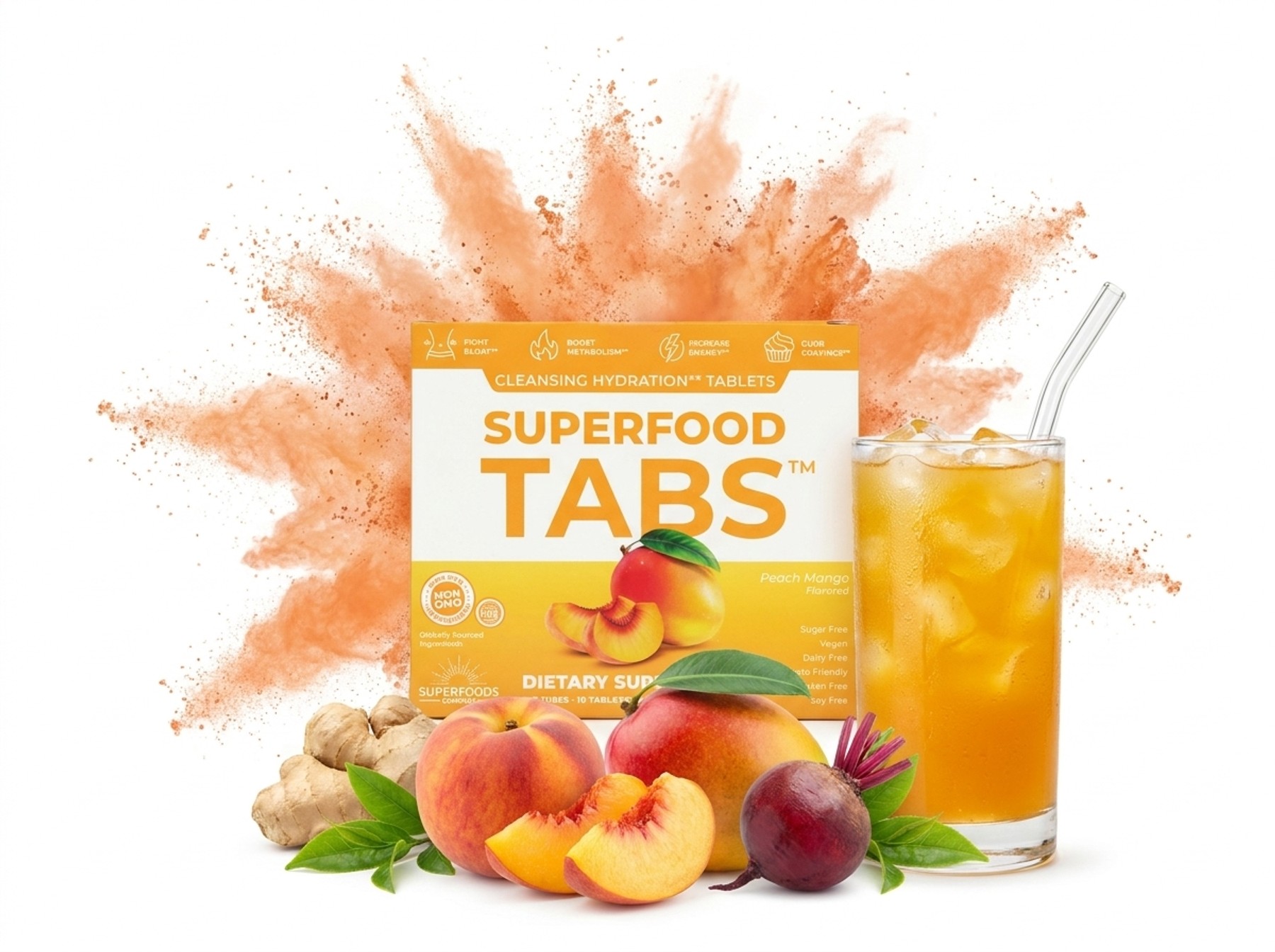Superfood Tabs Peach Mango box with a peach-orange superfood powder splash, a tall iced peach-mango drink, and fresh peach, mango, ginger and beet ingredients on a white background