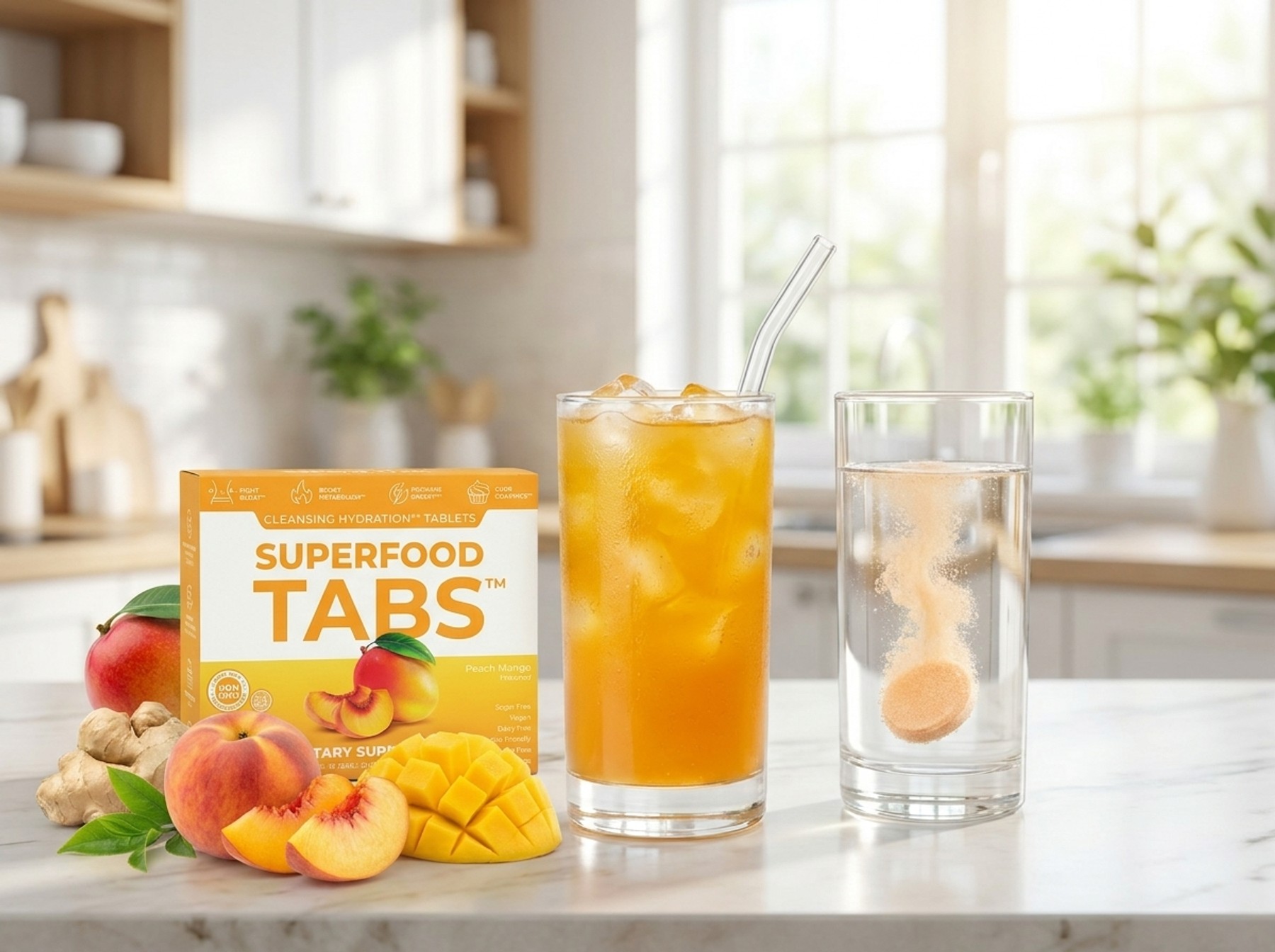 Superfood Tabs Peach Mango — iced drink and a fizzing tablet in water on a bright kitchen counter