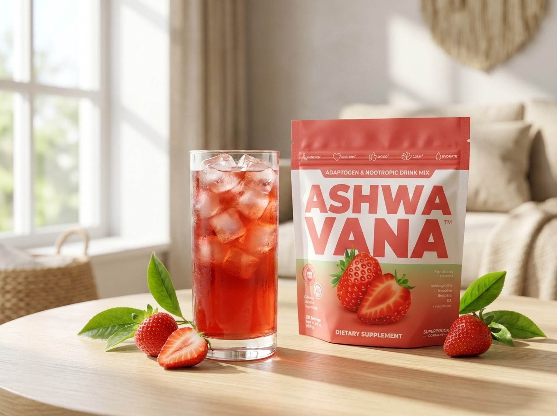 A tall glass of iced strawberry Ashwavana Zen Relax beside the pouch on a sunlit table