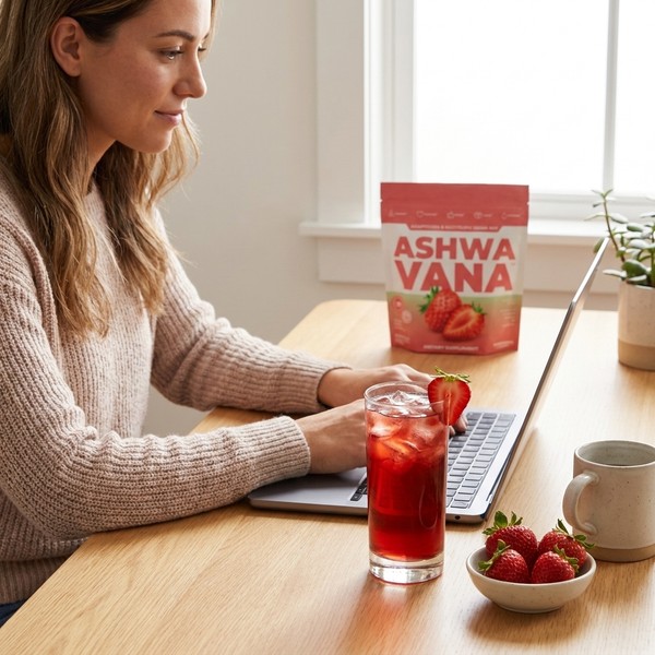 Focused person at a desk with iced strawberry Ashwavana Zen Relax