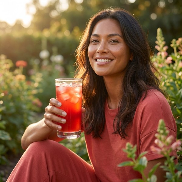 Happy, balanced person outdoors with iced strawberry Ashwavana Zen Relax