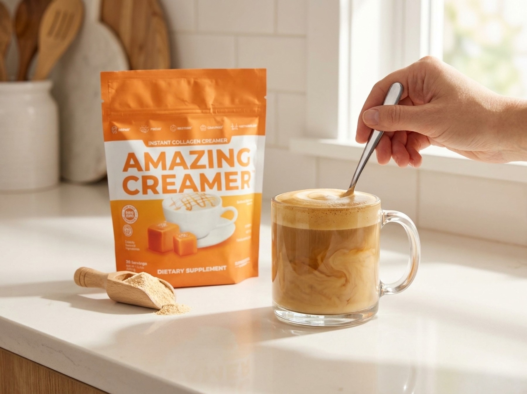 Amazing Creamer Salted Caramel stirred into a creamy latte on a bright kitchen counter