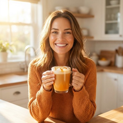Energetic woman enjoying a creamy Amazing Creamer latte in the morning