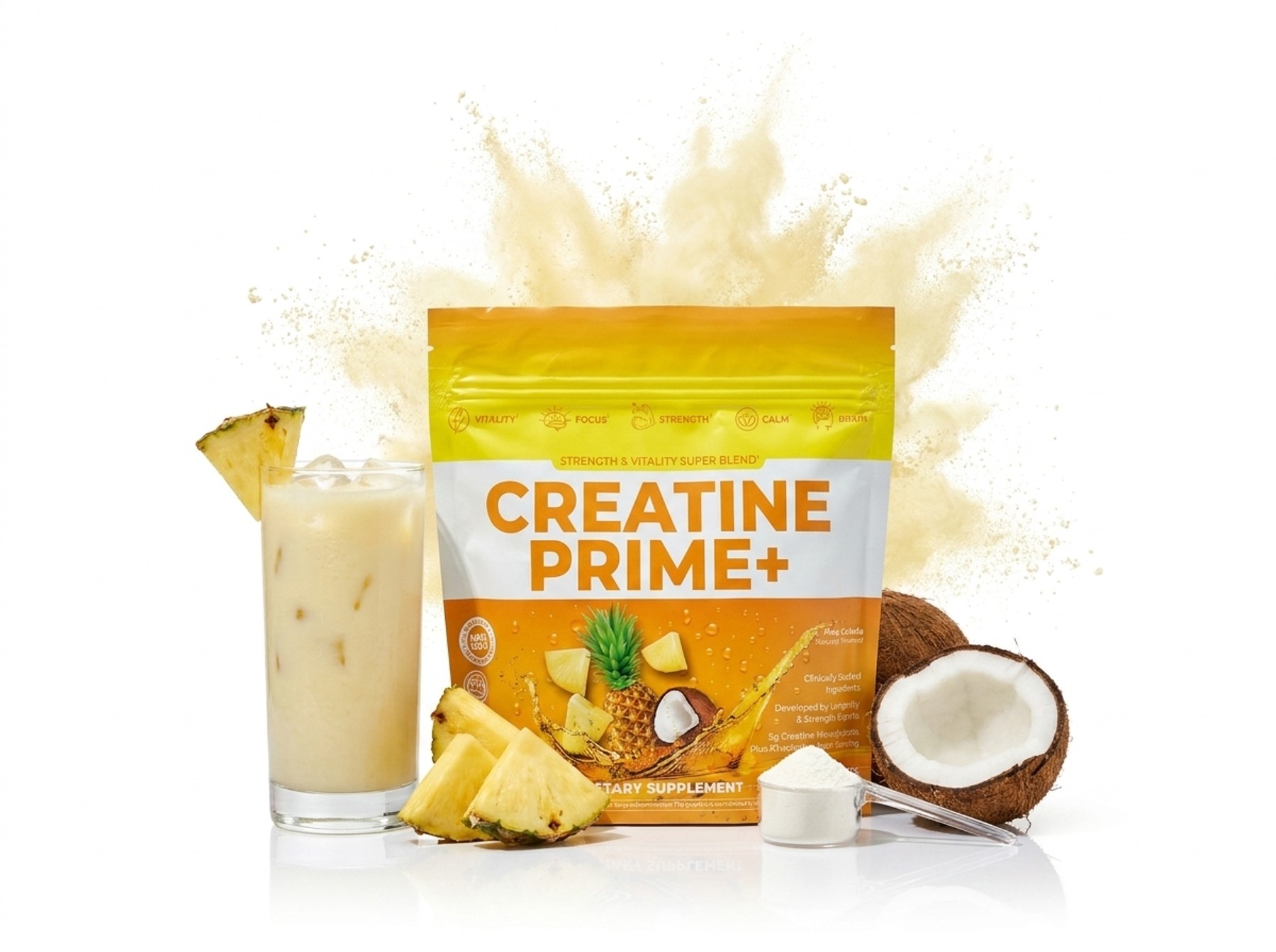 Creatine Prime+ Pina Colada package with an iced tropical drink, pineapple, coconut and a scoop of creatine on a clean white background