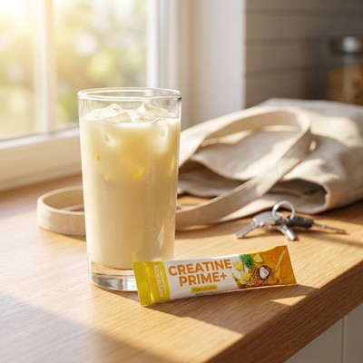 An iced Creatine Prime+ Pina Colada drink beside a tote bag and keys — steady energy through a busy day