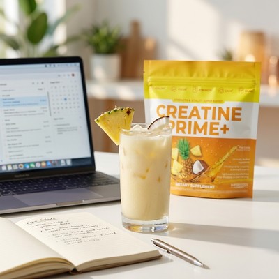An iced Creatine Prime+ Pina Colada drink at a desk with a laptop and notebook — clearer focus