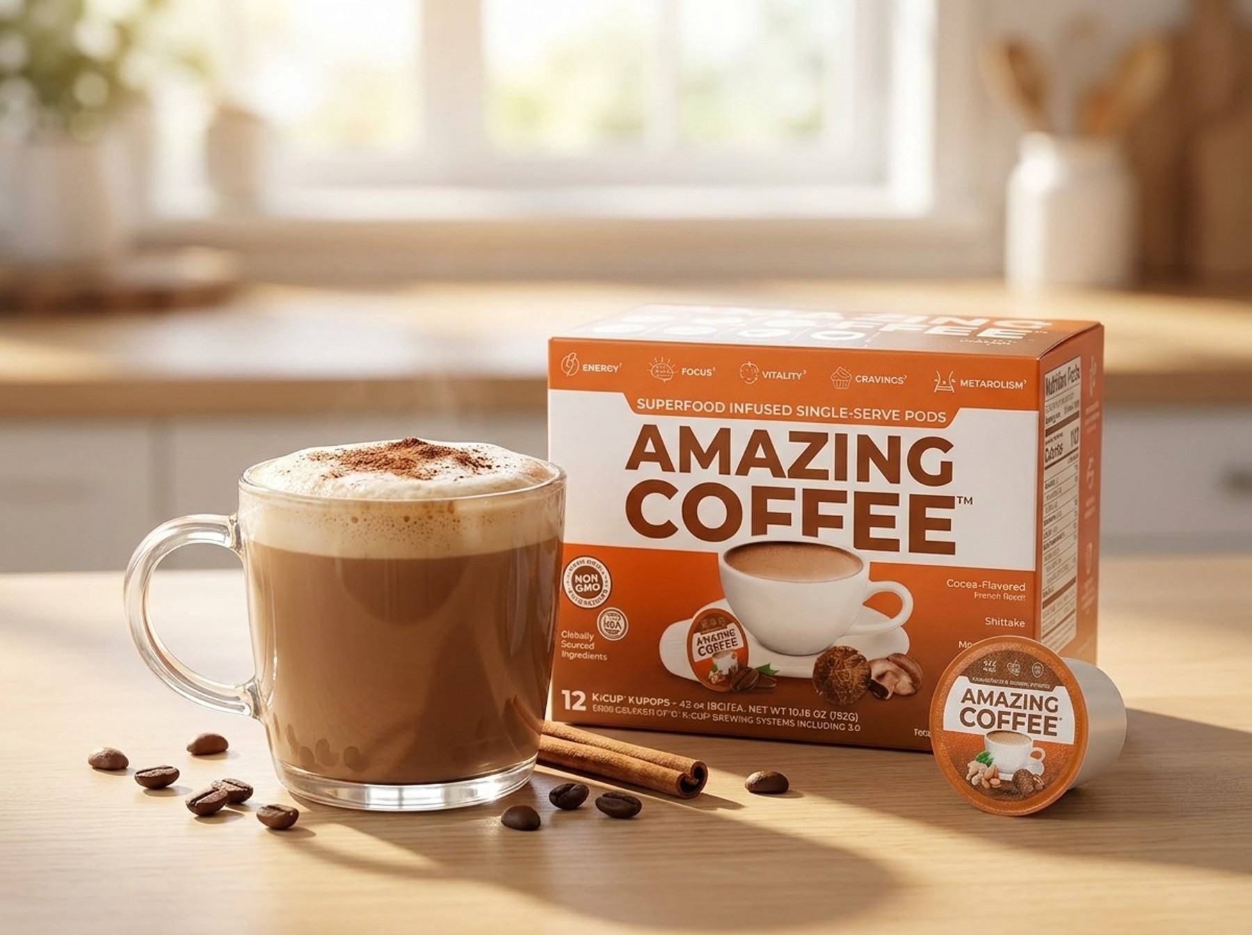 A hot Amazing Coffee mocha latte in a clear glass mug beside the K-Cups box, a single pod, coffee beans and a cinnamon stick on a bright kitchen counter