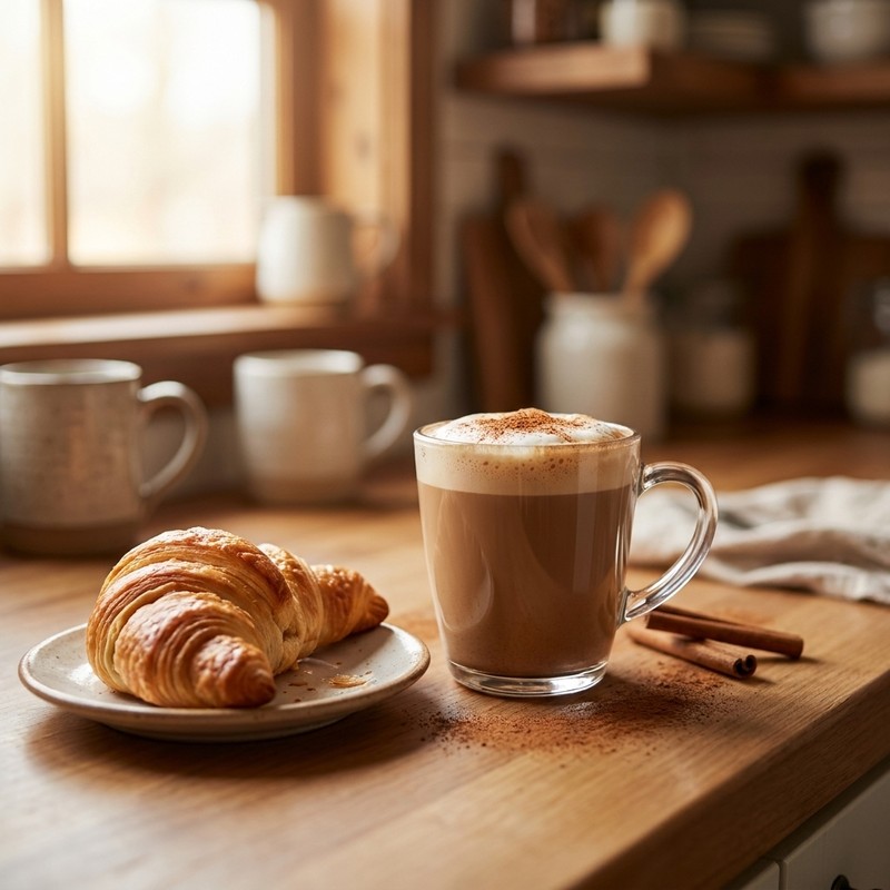 A mocha latte beside a pastry on a kitchen counter — cravings starting to quiet