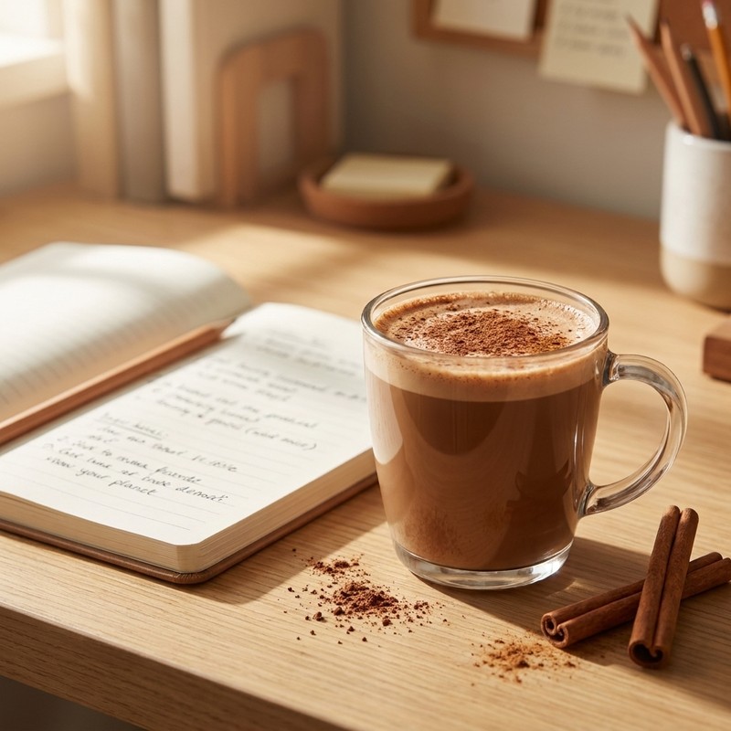 A mocha latte on a tidy desk with a notebook — steady, even energy through the day