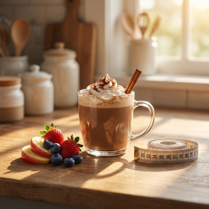 A mocha latte beside fresh fruit and a tape measure — healthy daily wins adding up over time