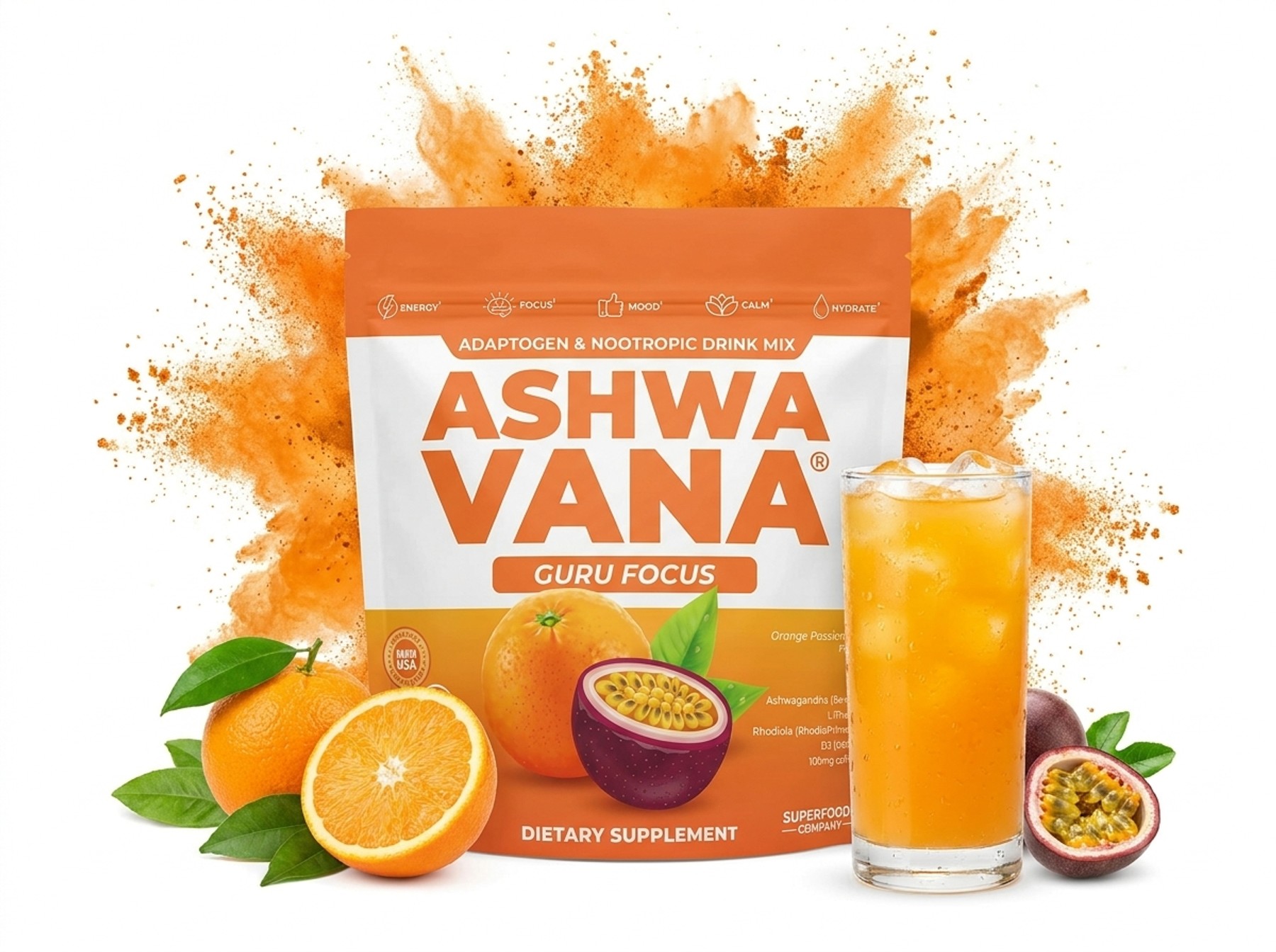 Ashwavana Guru Focus Orange Passion Fruit adaptogen drink mix with iced drink and fresh oranges