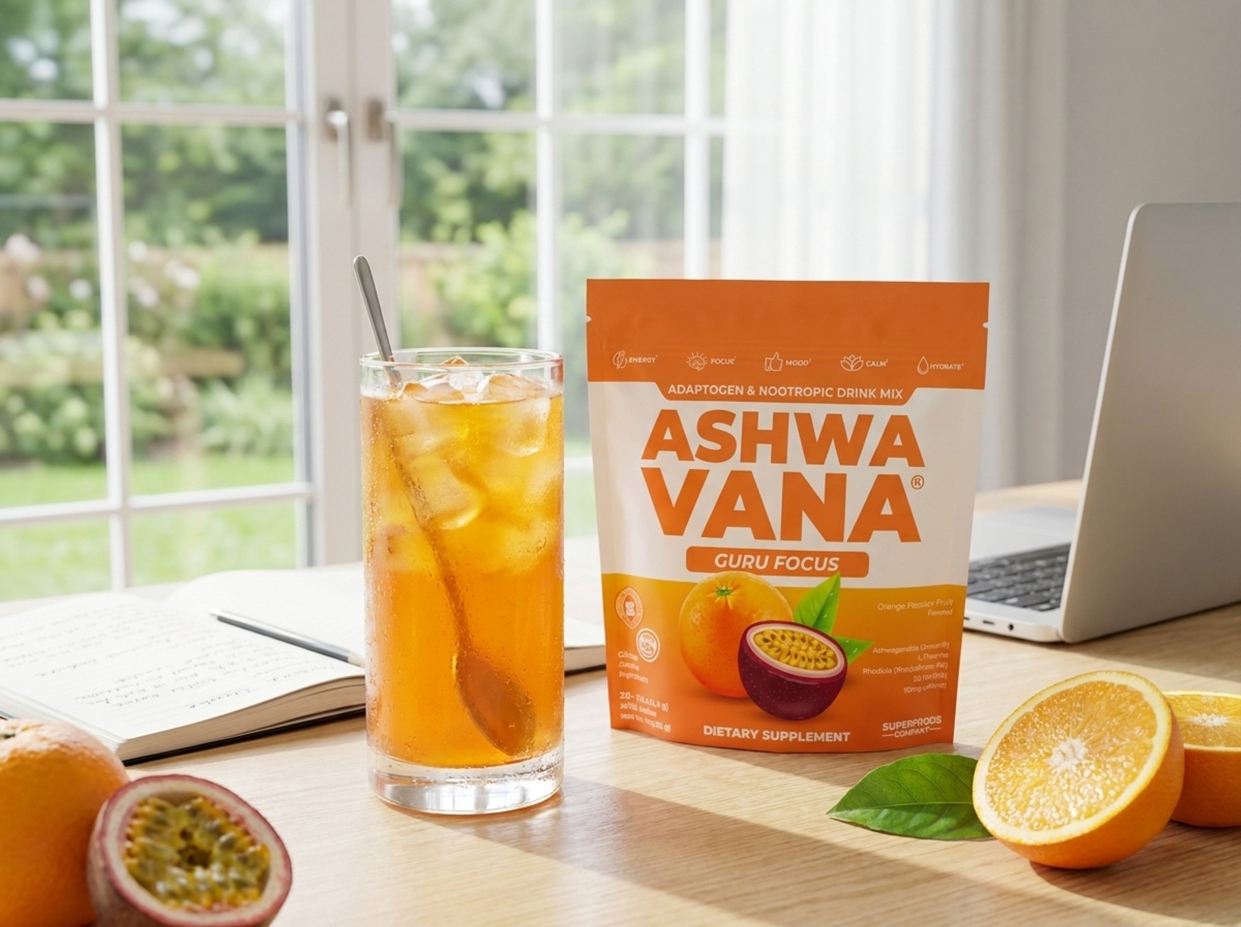 A glass of Ashwavana Guru Focus iced drink on a sunlit desk during a focused morning