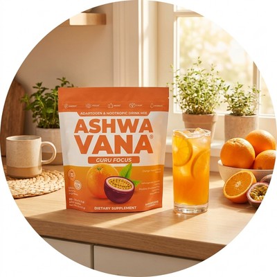 A settled daily ritual — the Ashwavana Guru Focus pouch and prepared drink